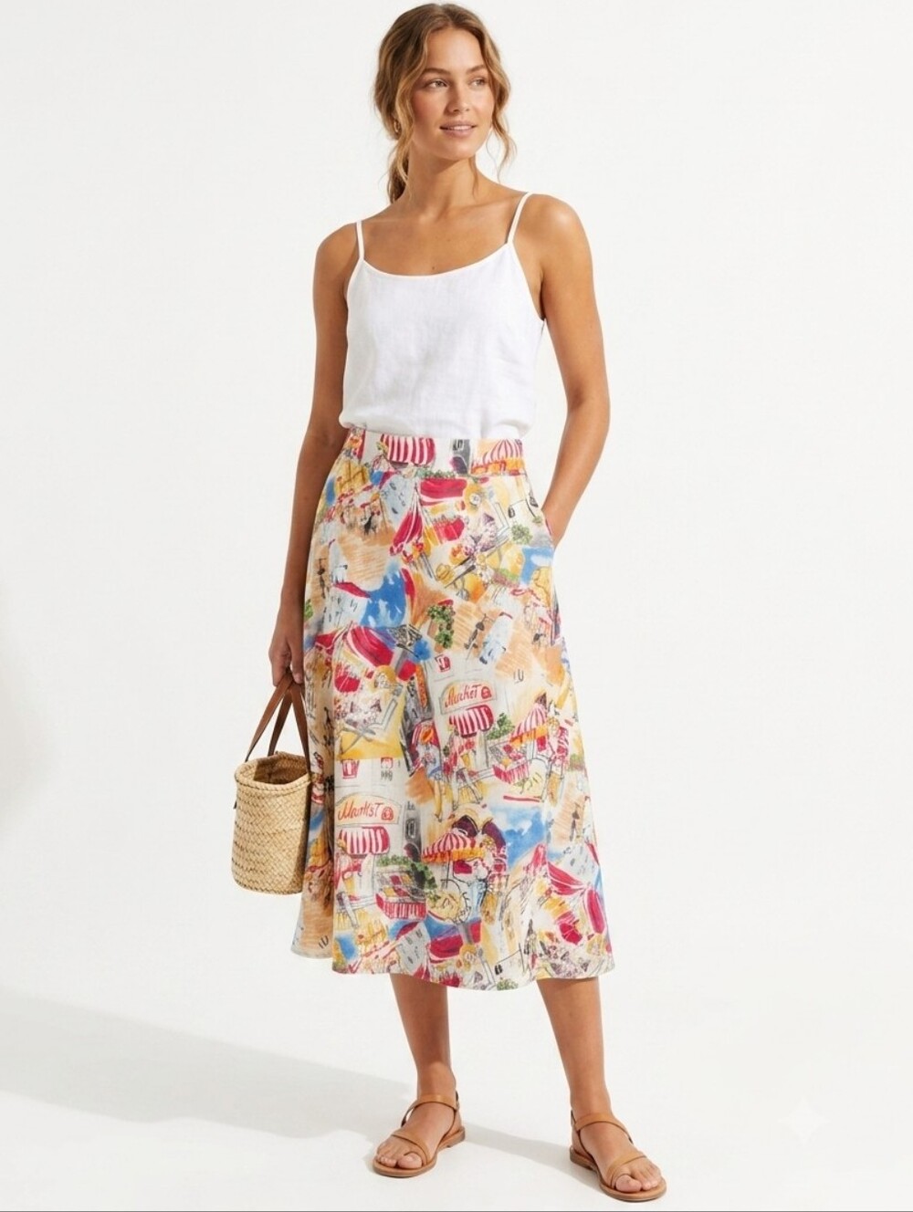 Liz Claiborne Vintage Linen European Summer Midi Skirt Sz 14 Boho Casual Hippie